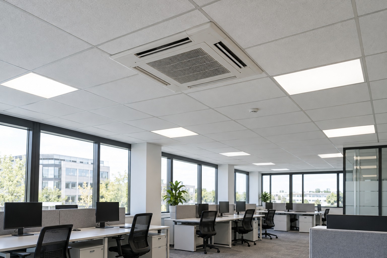 Касетний кондиціонер у підвісній стелі офісу